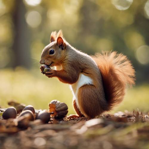 A mischievous tan squirrel with fluffy tail standing upright, gnawing on an acorn.