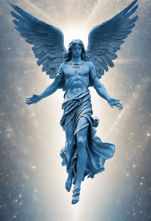 Une esquisse d&#39;un ange aux ailes bleues descendant des cieux lumineux, portant une croix d&#39;argent rayonnante.