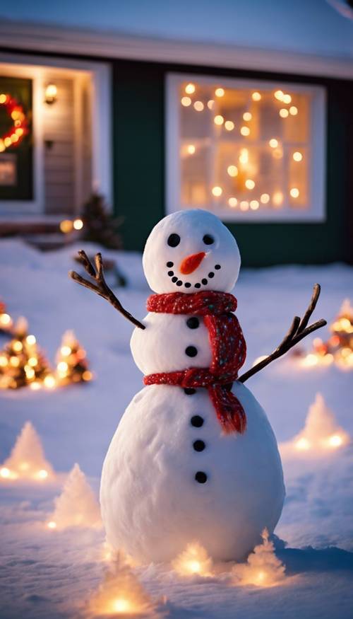 A snowman lit up by colorful Christmas lights, with a backdrop of a house, warmly decorated for Christmas.