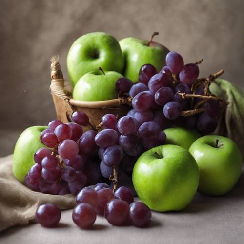 Pommes vertes et raisins violets disposés dans une belle nature morte.