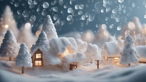Śnieżny zimowy krajobraz wykonany w całości z pianek marshmallow, w tym puszystych piankowych płatków śniegu delikatnie spadających z nieba.
