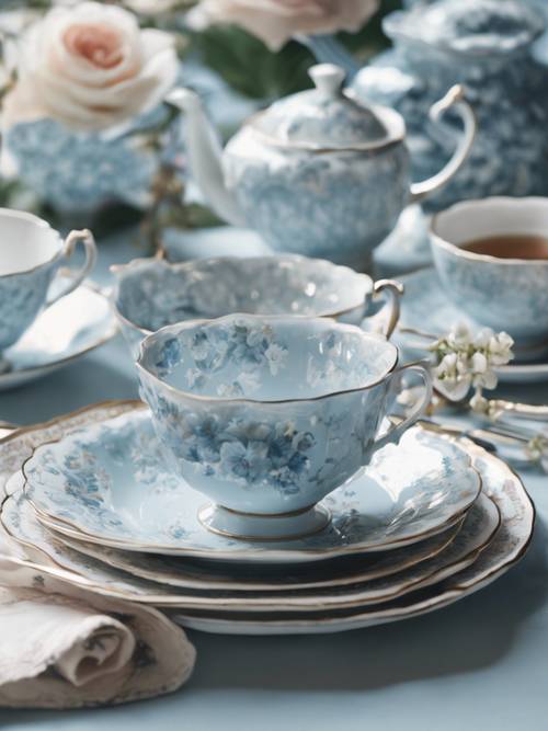 Un juego de platos de porcelana floral de color azul claro preparado para tomar el té.