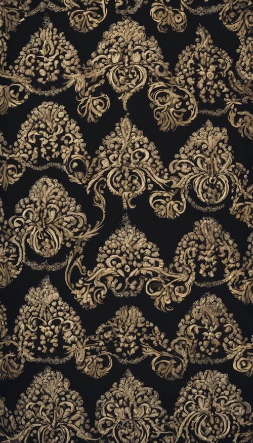 A close-up view of a rich, dark damask fabric with intricate swirling patterns. Tapet [138a70195ceb45a49872]