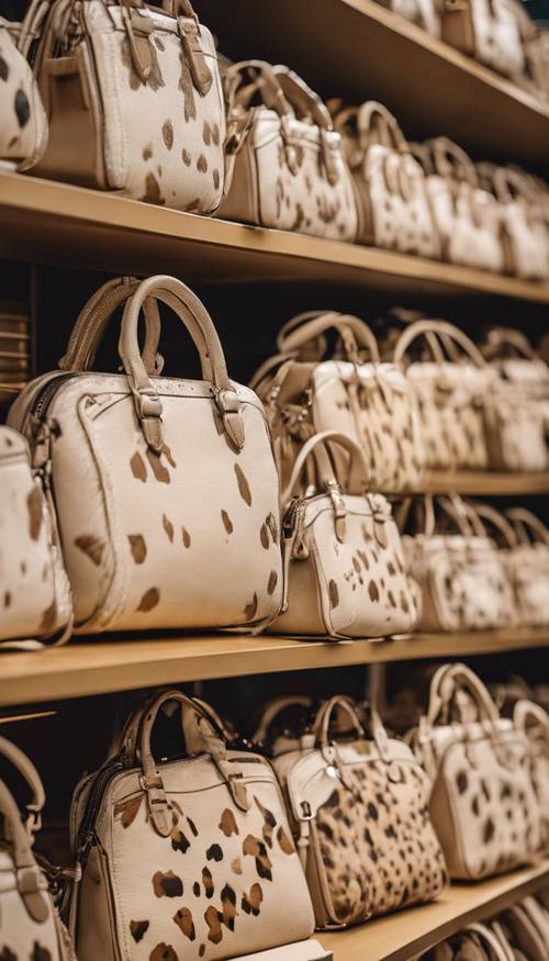 Sederet tas tangan bermotif sapi berwarna krem ​​​​yang modis di butik.