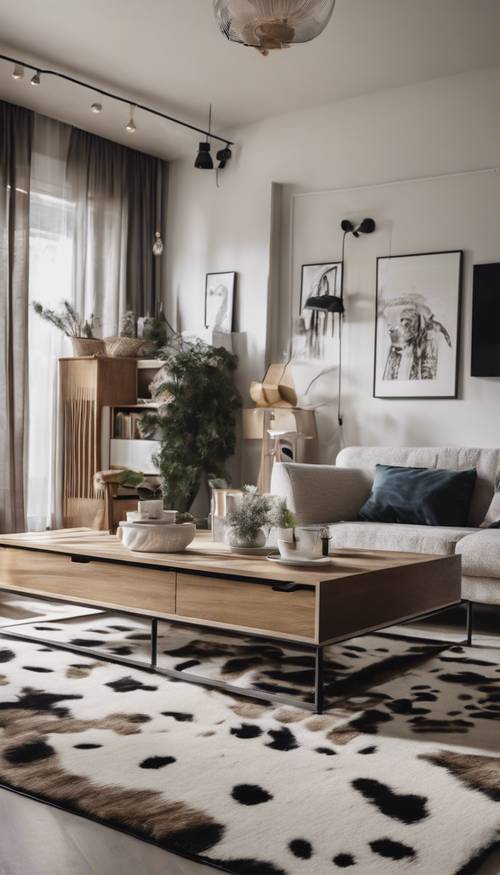 A trendy living room with a cow print rug and minimalist furniture