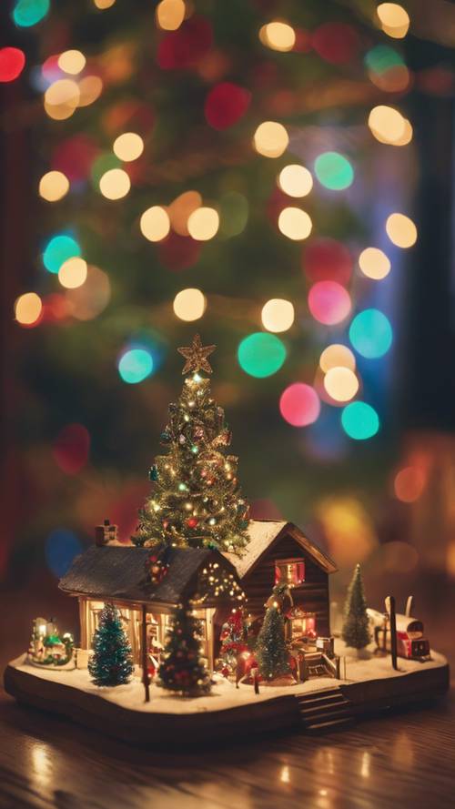 Pemandangan Natal vintage dengan pohon yang dihias indah berkilauan dengan lampu warna-warni. Satu set kereta kayu antik terlihat berputar-putar di sekitar pangkal pohon.