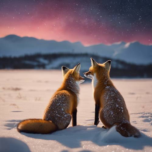 Para rudych lisów z białymi końcami ogonów wpatruje się nocą w olśniewającą zorzę polarną w zasypanym śniegiem północnym krajobrazie.