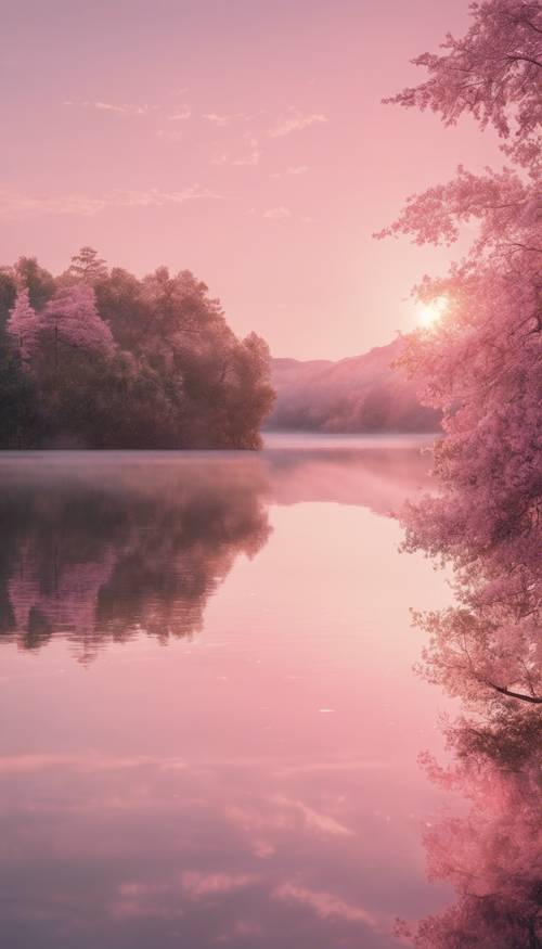 A serene sunrise with baby pink hues reflecting on a calm lake.