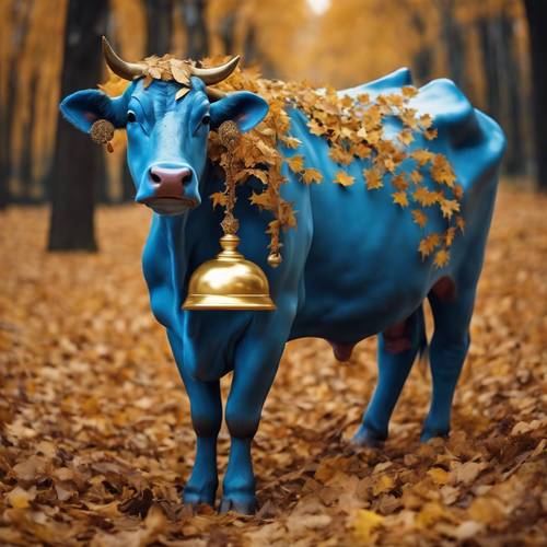 Image emblématique d’une vache bleue avec une cloche dorée autour du cou, marchant élégamment à travers les feuilles d’automne.