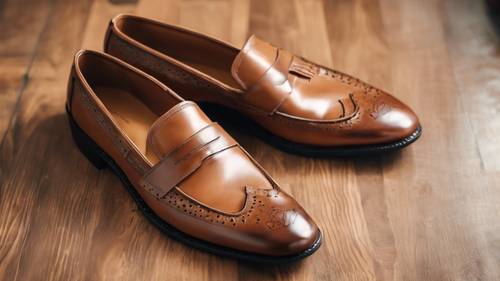 A pair of preppy-style loafers, sitting on a polished hardwood floor. Wallpaper [910e4329c3274c8cbcb7]