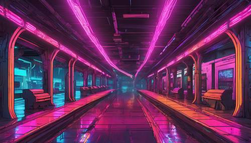 Uma estação ferroviária subterrânea cyberpunk, iluminada por luzes de néon coloridas.