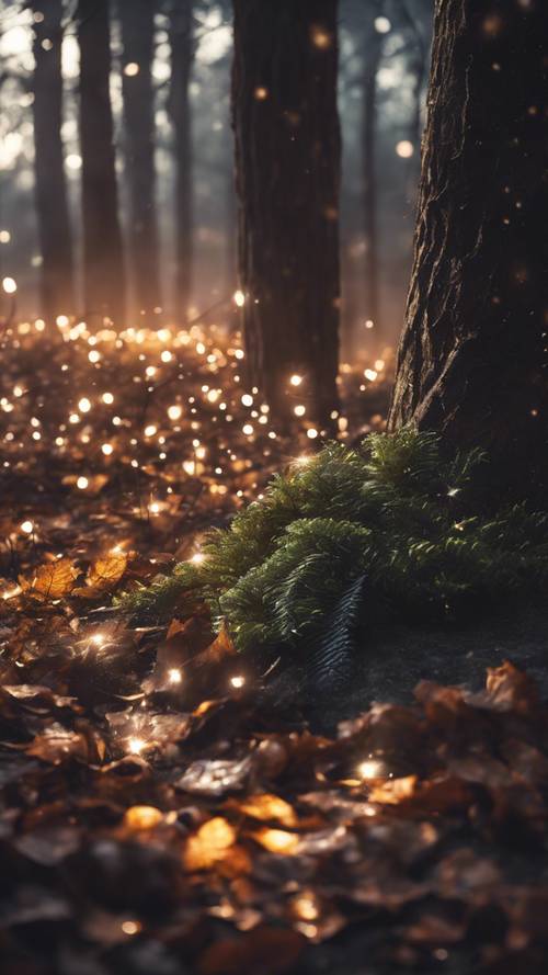 Uma floresta à meia-noite, as folhas brilhando com glitter preto