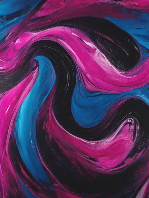 Un dipinto astratto, motivi vorticosi di fucsia, blu e nero, che evocano un senso di calma. Sfondo [5d58fb6cdd3f47adb1ef]