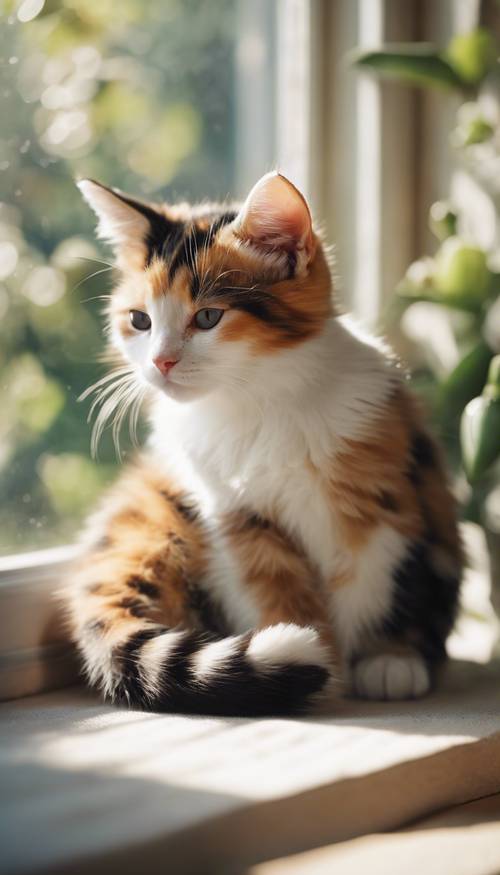 一隻小印花布小貓在陽光明媚的窗戶裡心滿意足地打盹，俯瞰著花園