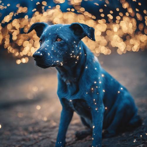 一隻藍色的狗有著神奇的目光，眼睛閃爍著星星。