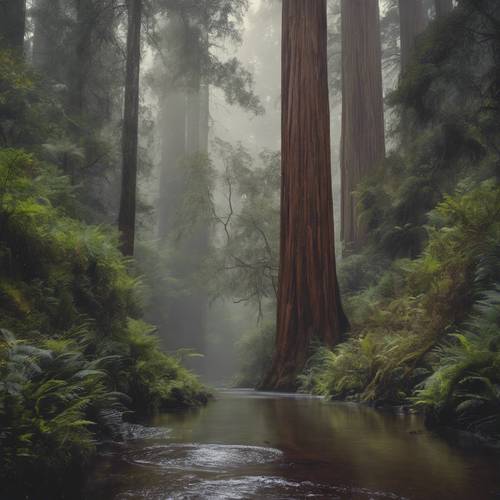 Un ruscello ricorrente che taglia una foresta mistica e nebbiosa di sequoie.