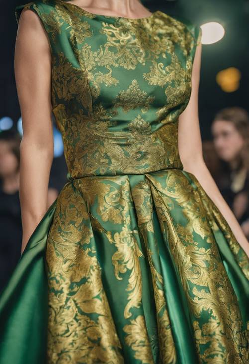 패션쇼에서 여성의 새틴 드레스에 녹색과 금색 다마스크 프린트가 있습니다.