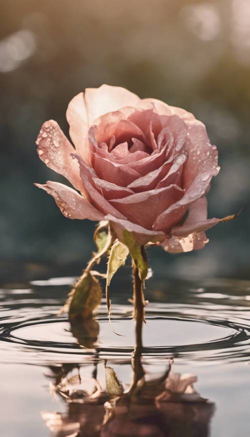 Une rose antique en fleurs projetant son reflet dans un étang clair.