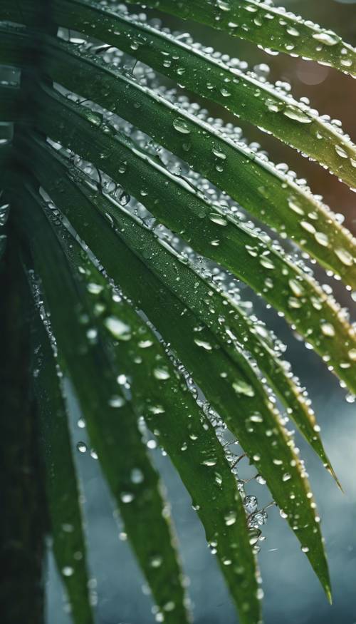 Foglia di palma verde caduta ricoperta di morbide goccioline di pioggia autunnale.