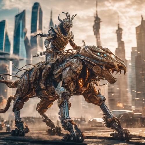 Futuristic tribal warriors riding mechanical beasts, their energy spears aimed high, against a hyper-technological city backdrop.