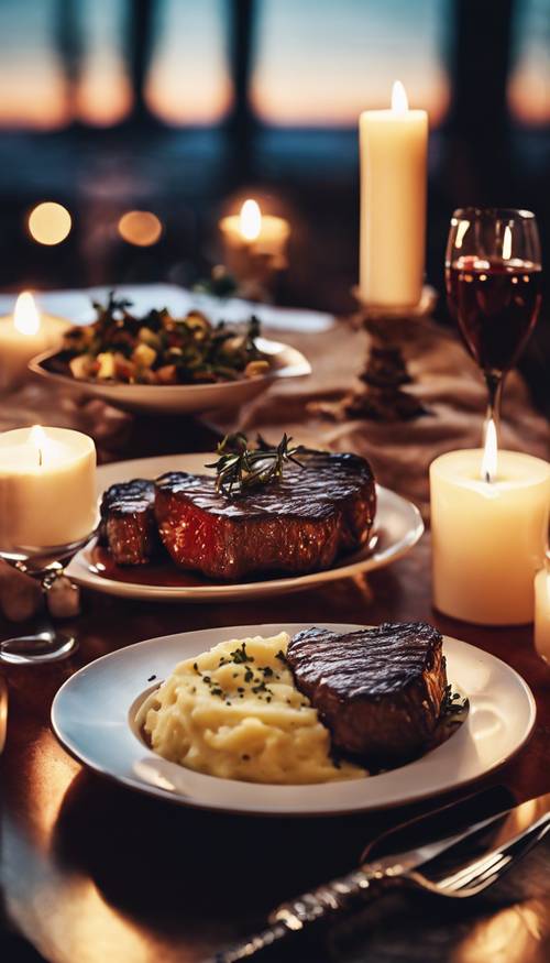 Candlelit dinner with heart-shaped steak and mashed potatoes. Divar kağızı [fdfdcb596f284192a795]