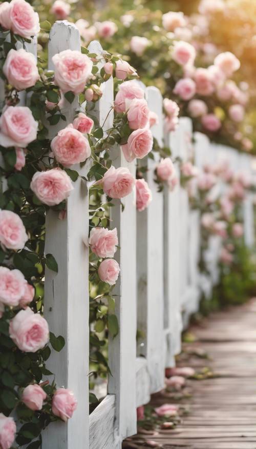 A white wooden picket fence tangled with climbing roses in shades of white and soft pink.