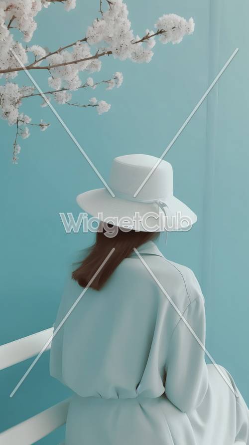 Flores de cerezo y sombrero elegante en un entorno azul sereno
