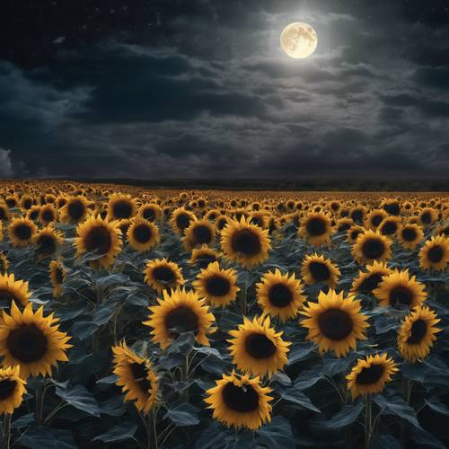 Une scène surréaliste d’un champ de tournesols sombres sous un ciel éclairé par la lune.