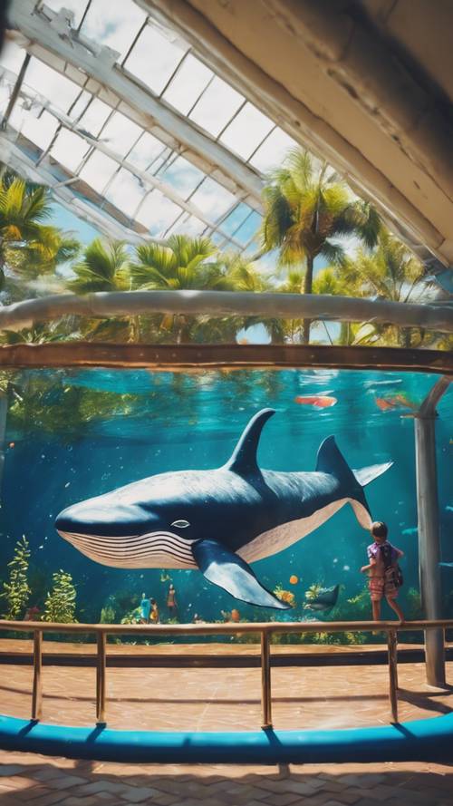 Um desenho infantil de uma baleia feliz e amigável em um parque aquático.