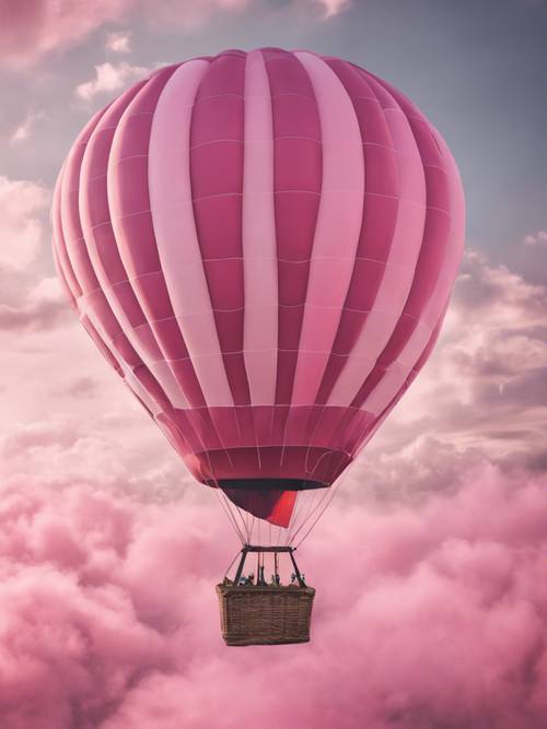 Um balão de ar quente voando livremente por um céu pintado com nuvens rosa.