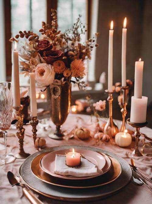 Романтический стол на День Благодарения для двоих, украшенный румяными свечами, медной посудой и великолепным цветочным украшением.