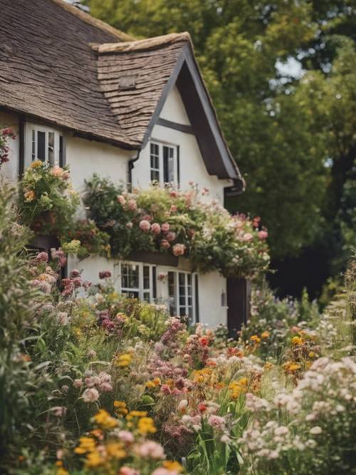 Ein charmantes englisches Cottage mit Septemberblumen, die im Garten blühen Hintergrund [d40ac70022b942b396d6]