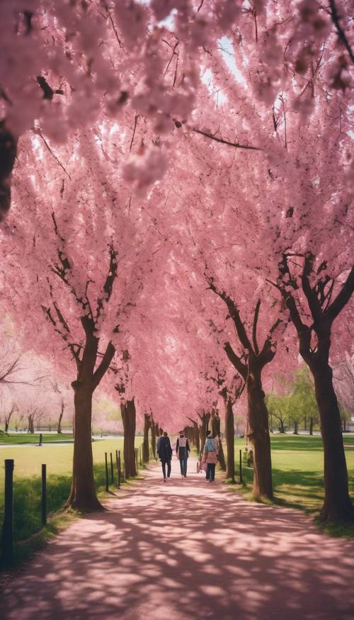 Un parc urbain animé rempli de cerisiers en fleurs roses et de couples qui se promènent.