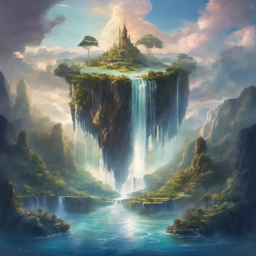 Una isla flotando en el cielo con cascadas que fluyen hacia el espacio de abajo.