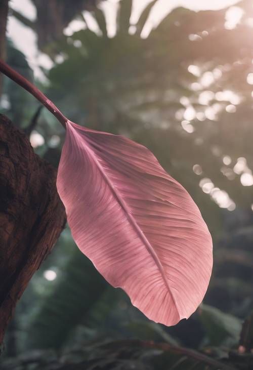 一片轻轻飘落的粉色香蕉叶，降落在宁静的森林环境中。