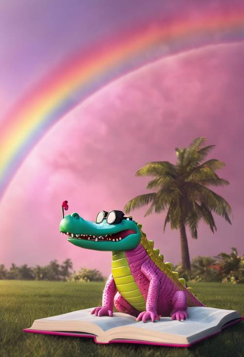 Un crocodile rose lisant un livre sous un arc-en-ciel.