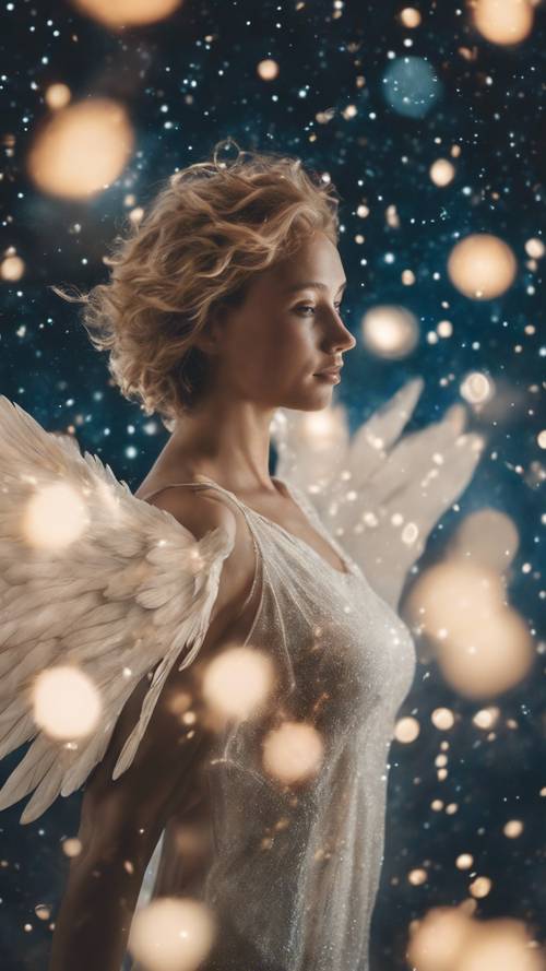 An angel with wings in full flight amongst the stars.