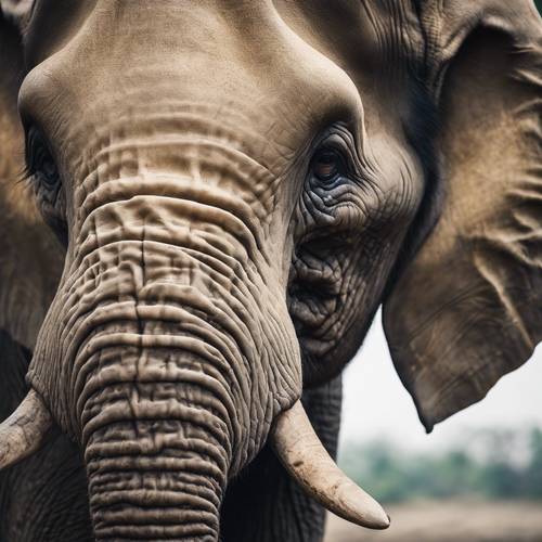 피부의 주름과 꼬리의 길고 거친 털을 보여주는 인도코끼리의 클로즈업 초상화입니다.
