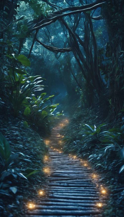 Tajemnicza ścieżka wijąca się przez dżunglę skąpana w kojącym, niebieskim świetle księżyca.