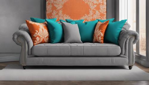 A vibrant teal and orange modern damask throw pillow positioned on a contemporary grey chaise lounge.
