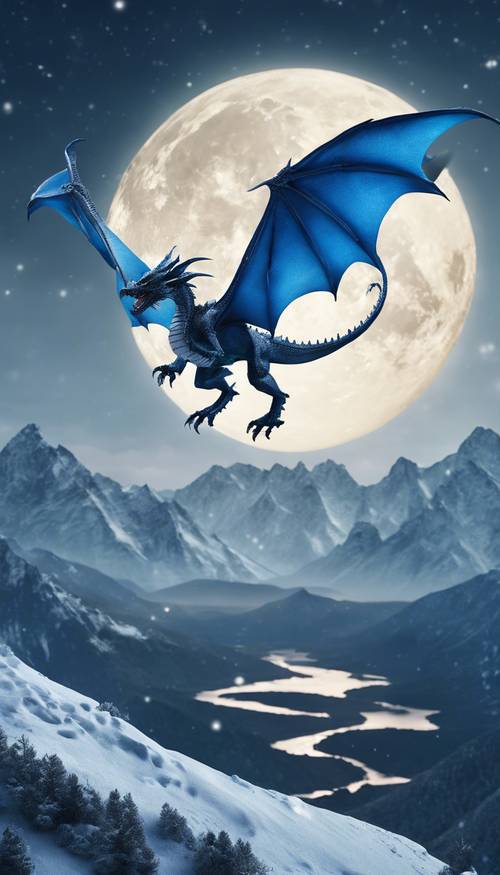 Dragon métallique bleu survolant les montagnes enneigées au clair de lune