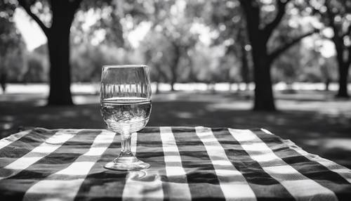 Una tovaglia a quadretti bianca e nera su un tavolo da picnic in un parco soleggiato.