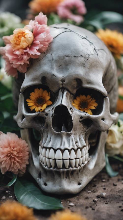A gray skull decorated with bright fresh flowers, set against an earth-toned background.