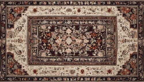 A rug with intricate Scandinavian floral motifs framing a central geometric pattern.