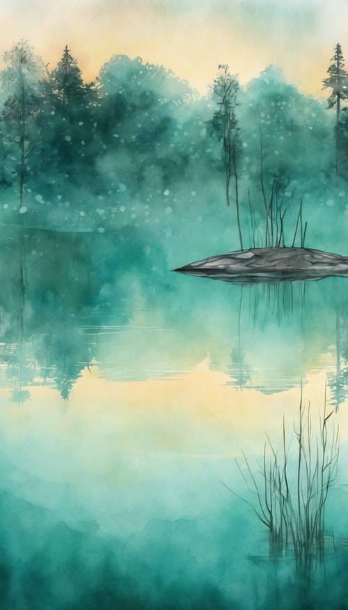 夜明けの静かな湖の風景を描いた青緑の水彩画