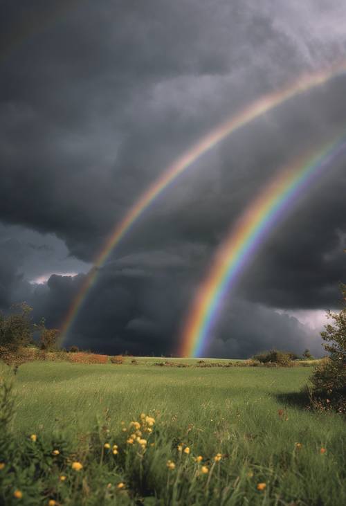 Un arco iris arqueándose sobre un fondo de sombrías nubes nimboestratos.