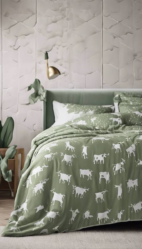 Close-up shot of a sage green cow patterned bedspread with white splotches against a minimalist, contemporary bedroom backdrop.