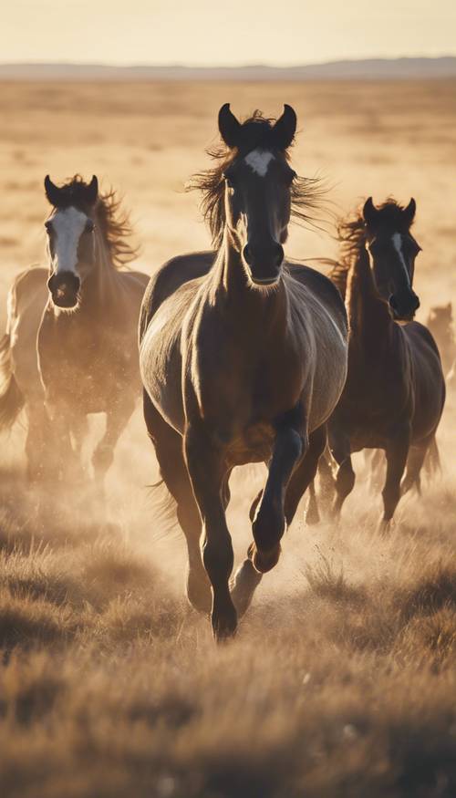 Old daguerreotype-style image of a group of wild horses running freely across the Great Plains during a bright dawn.