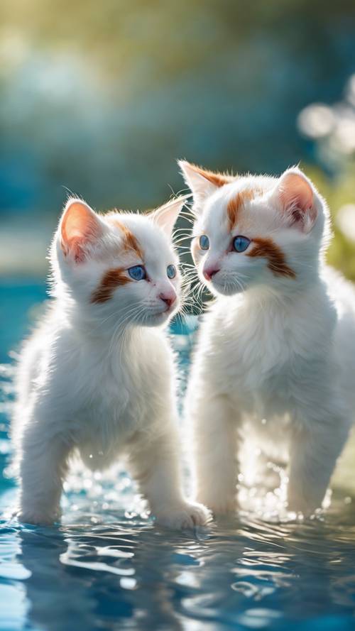 A pair of Turkish Van kittens, with their auburn patches, splashing playfully in a shallow blue lake on a bright day.