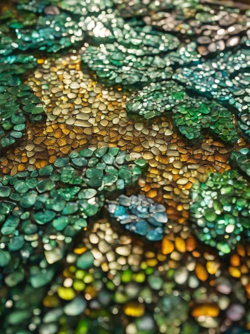A modern mosaic coffee table using recycled glass to create a scene of rainforest canopy.